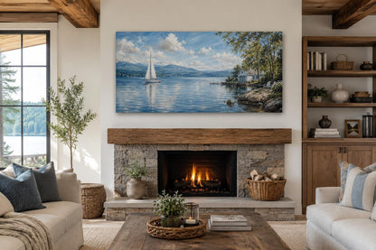 Sailboat In Mountain Lake Painting | Blue Green Lake Canvas Print
