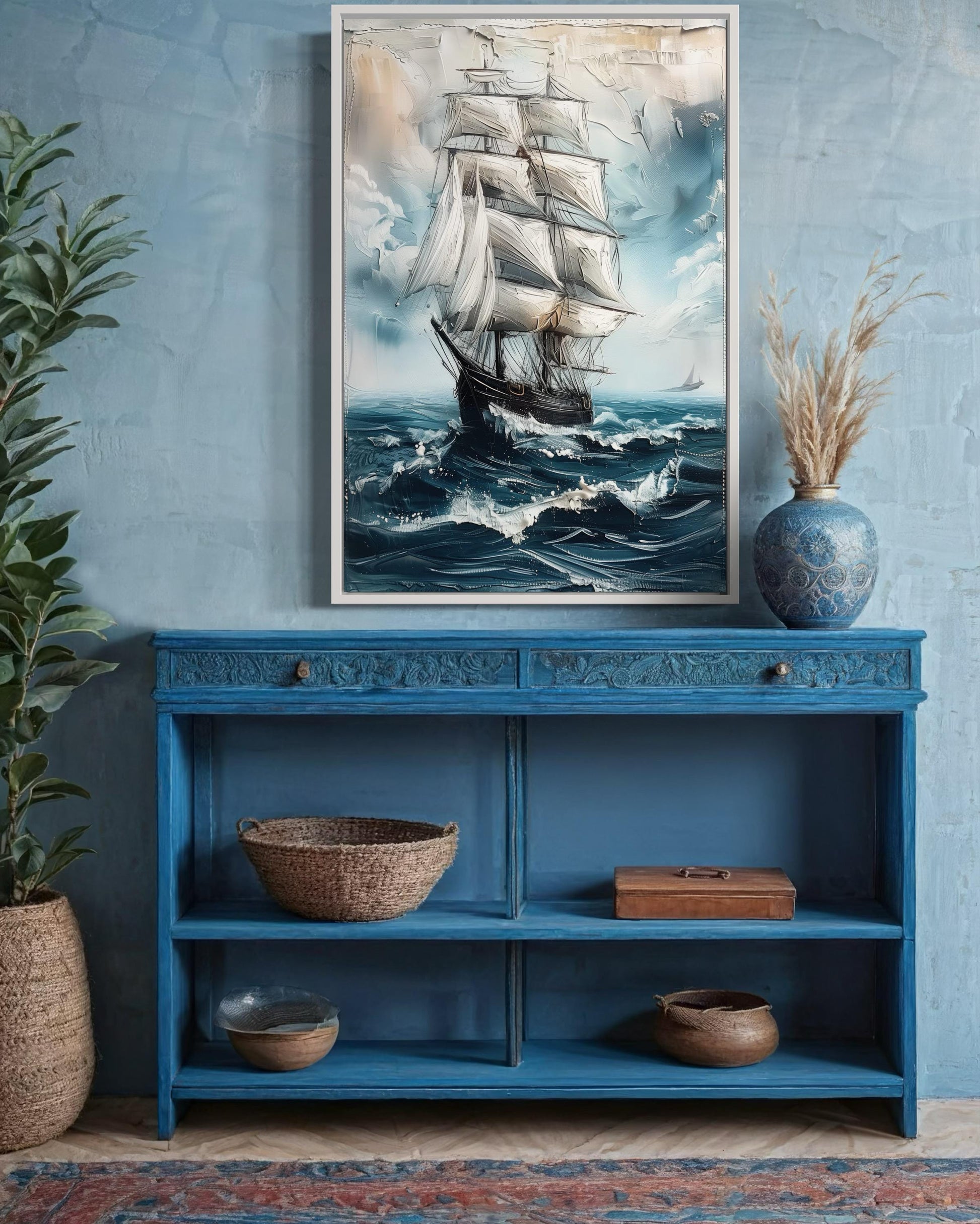 Sailing Ship In Blue Ocean Abstract Coastal Wall Art