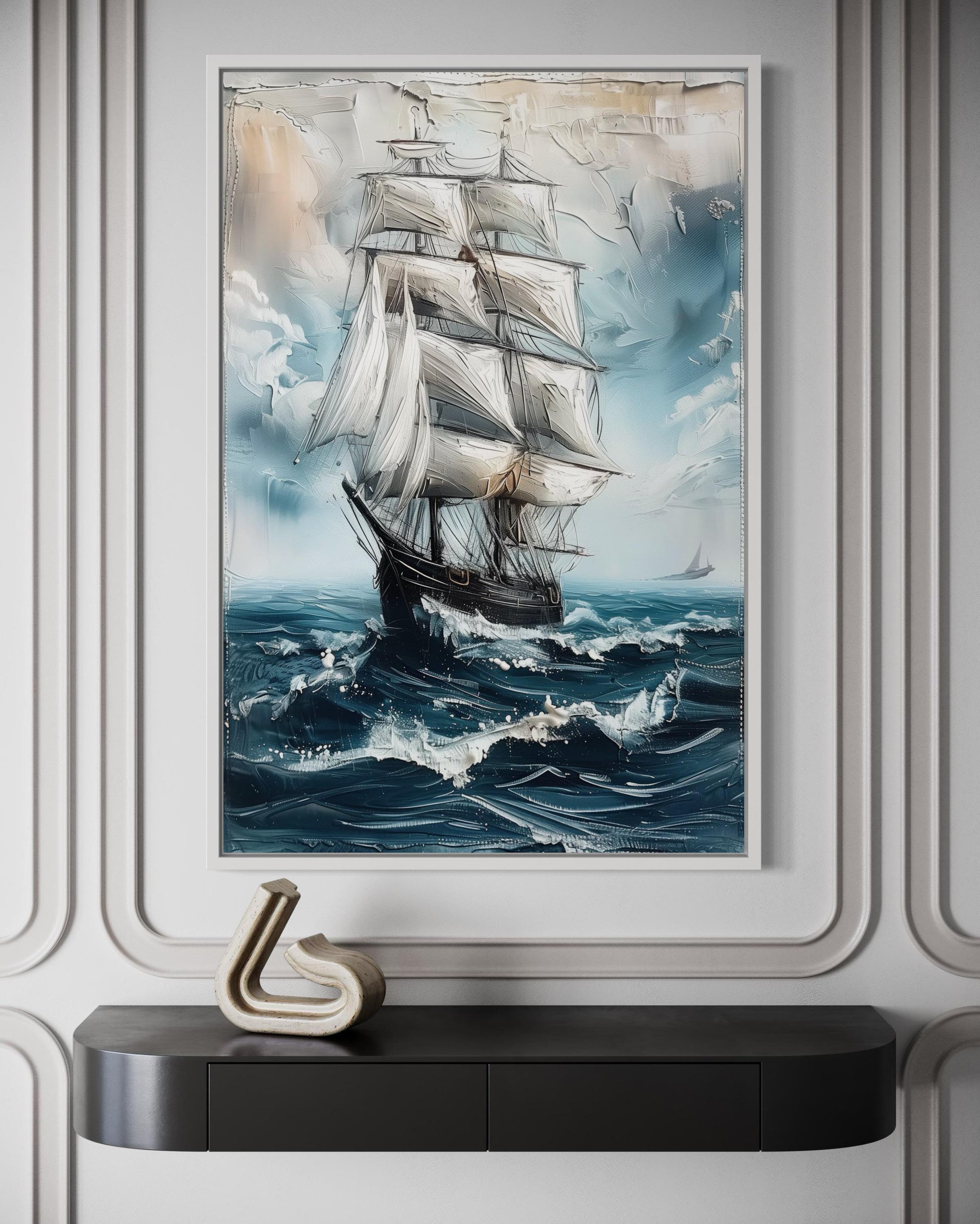 Sailing Ship In Blue Ocean Abstract Coastal Wall Art