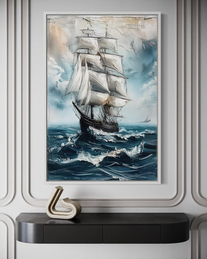 Sailing Ship In Blue Ocean Abstract Coastal Wall Art