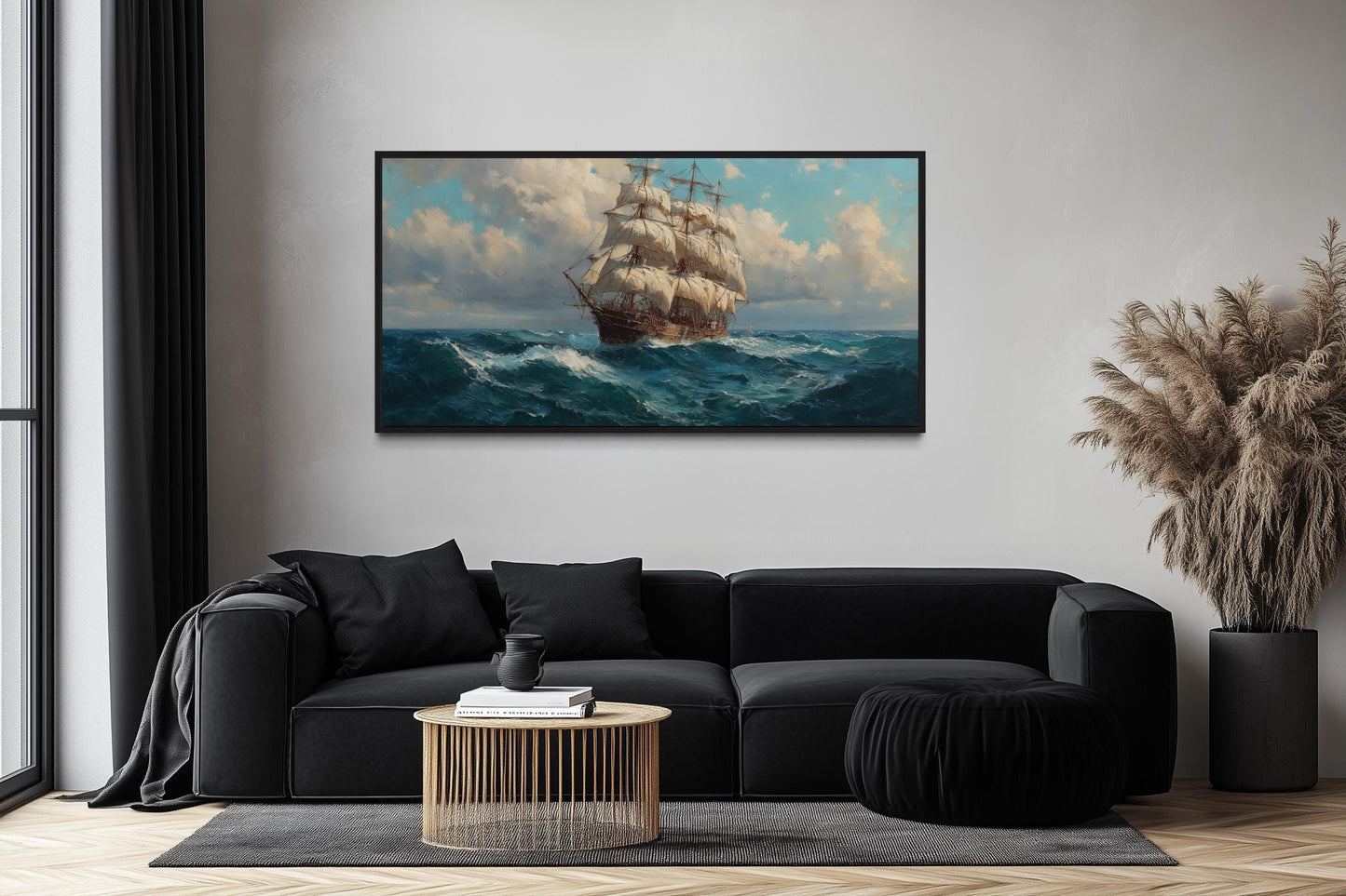 Sailing Ship In Stormy Ocean Framed Canvas Wall Art