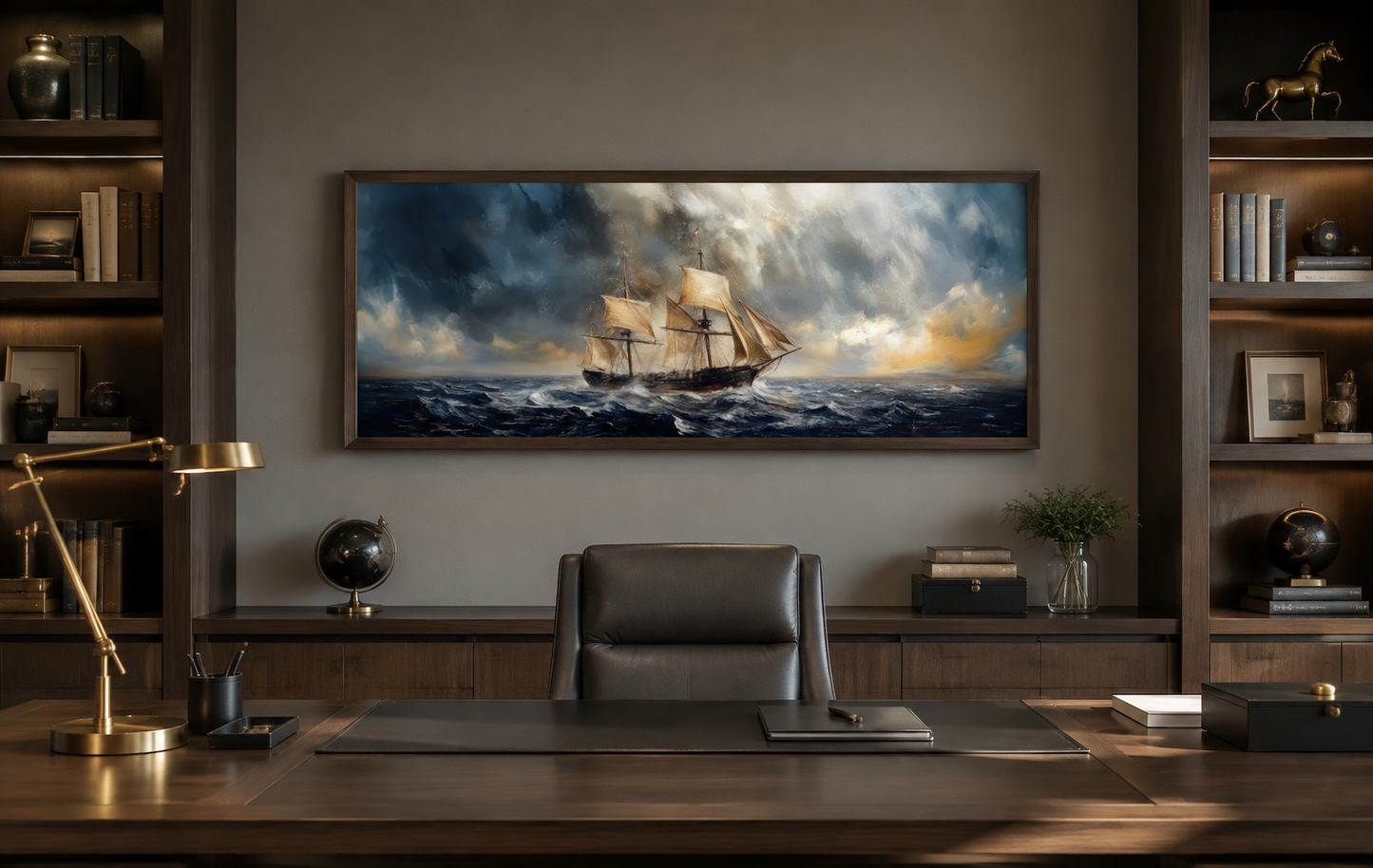 Sailing Ship In Stormy Sea Long Horizontal Canvas Nautical Wall Art