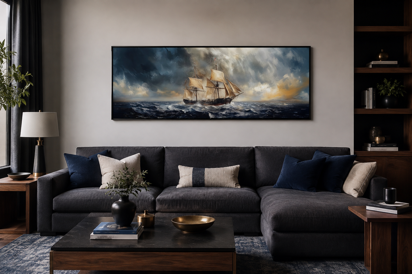 Sailing Ship In Stormy Sea Long Horizontal Canvas Nautical Wall Art
