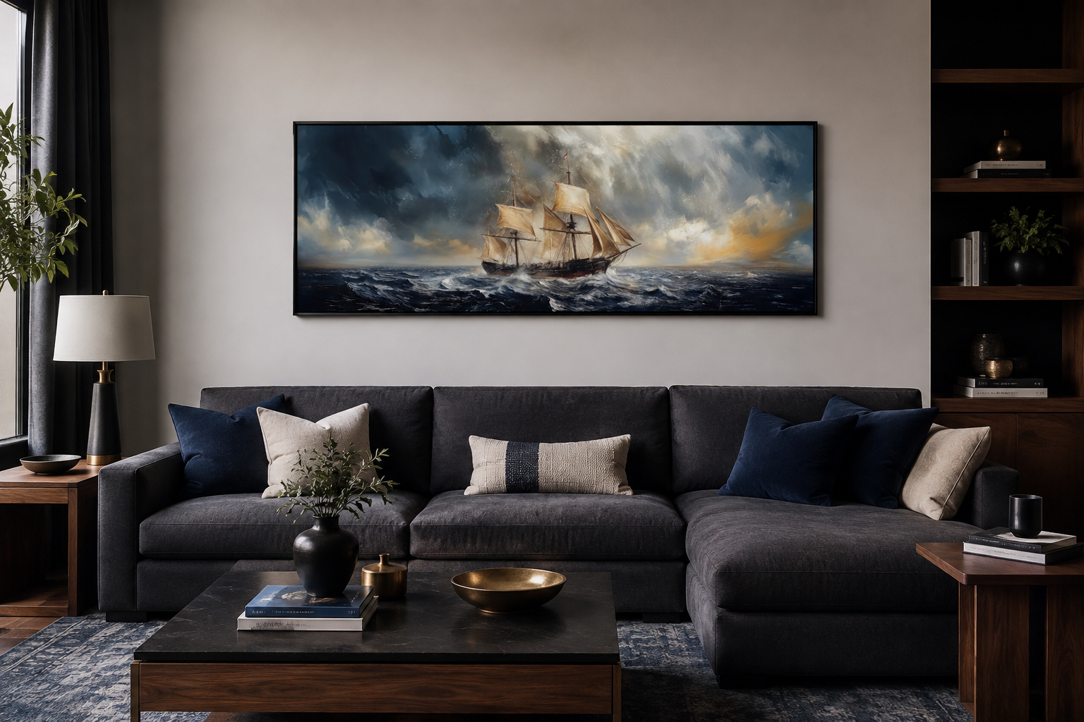 Sailing Ship In Stormy Sea Long Horizontal Canvas Nautical Wall Art