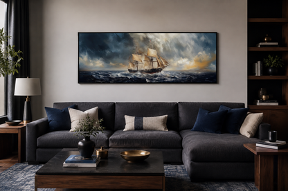 Sailing Ship In Stormy Sea Long Horizontal Canvas Nautical Wall Art