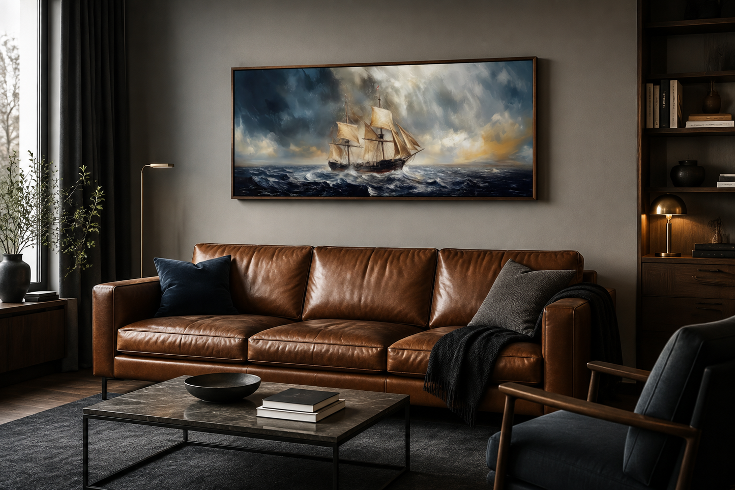 Sailing Ship In Stormy Sea Long Horizontal Canvas Nautical Wall Art