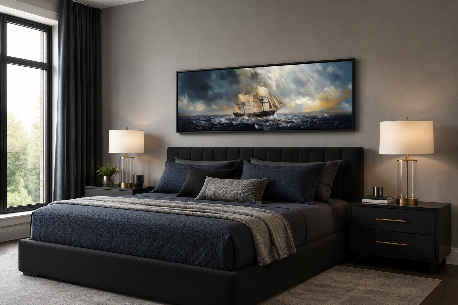Sailing Ship In Stormy Sea Long Horizontal Canvas Nautical Wall Art