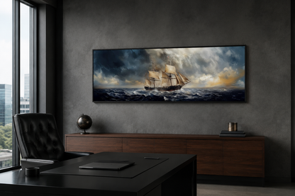 Sailing Ship In Stormy Sea Long Horizontal Canvas Nautical Wall Art