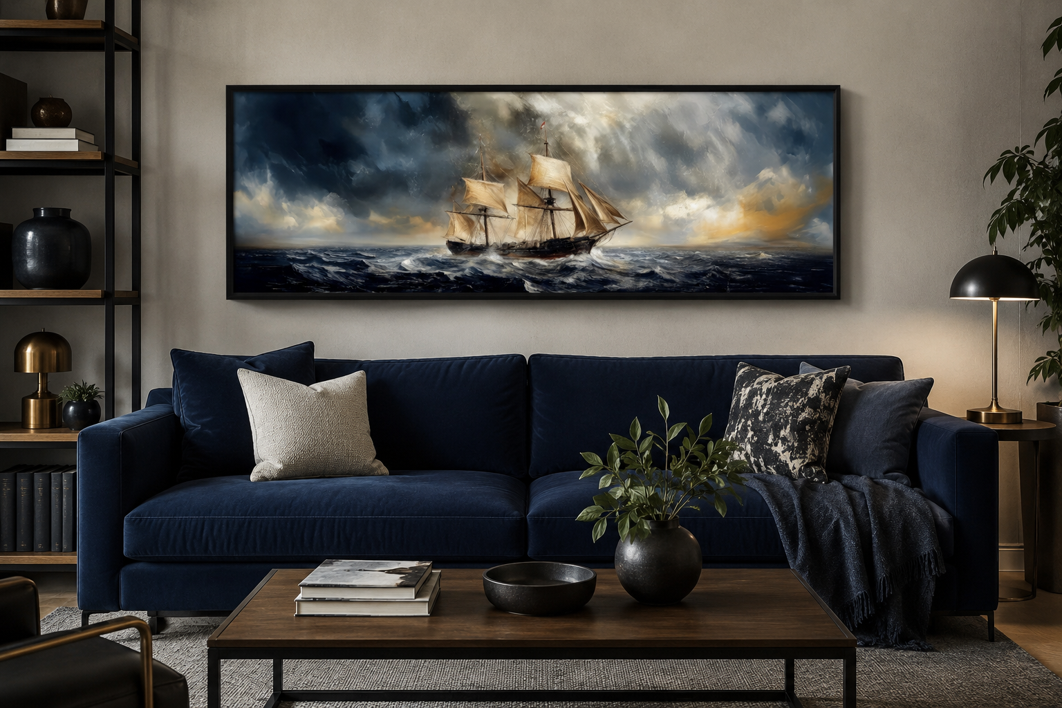 Sailing Ship In Stormy Sea Long Horizontal Canvas Nautical Wall Art