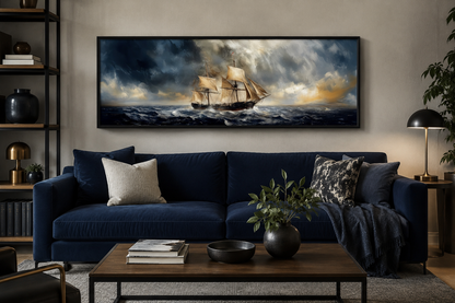 Sailing Ship In Stormy Sea Long Horizontal Canvas Nautical Wall Art
