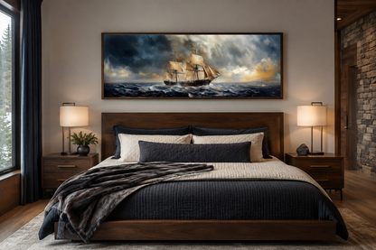 Sailing Ship In Stormy Sea Long Horizontal Canvas Nautical Wall Art