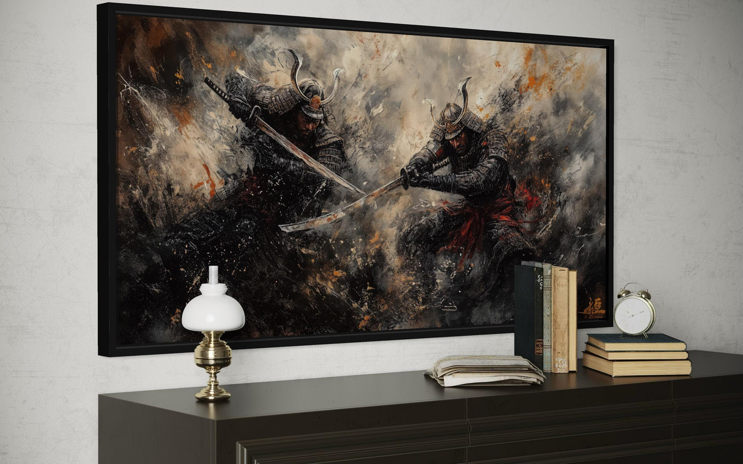Samurai Duel Wall Art - Japanese Warrior Canvas with Dark Dramatic Battle Scene