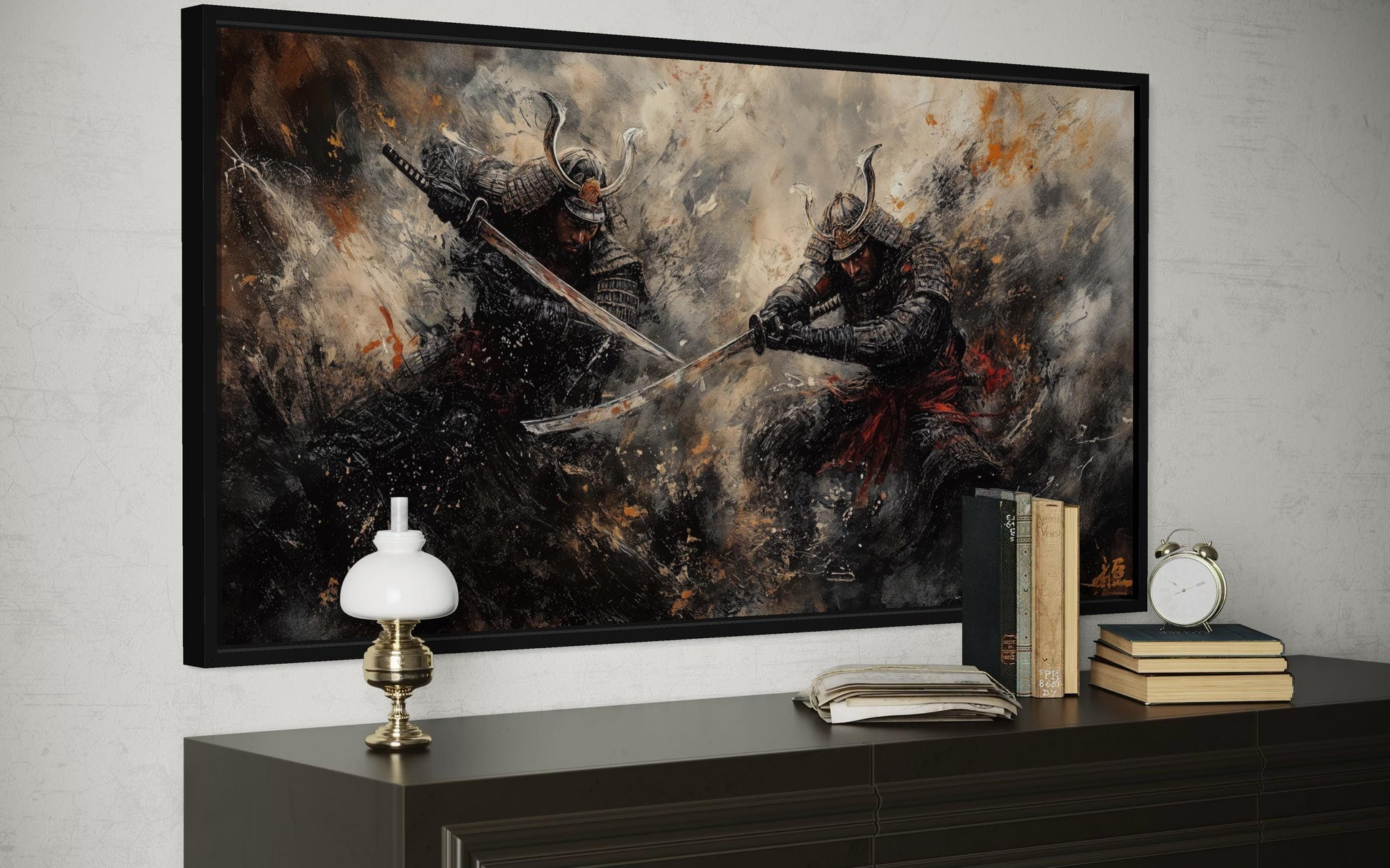 Samurai Duel Wall Art - Japanese Warrior Canvas with Dark Dramatic Battle Scene