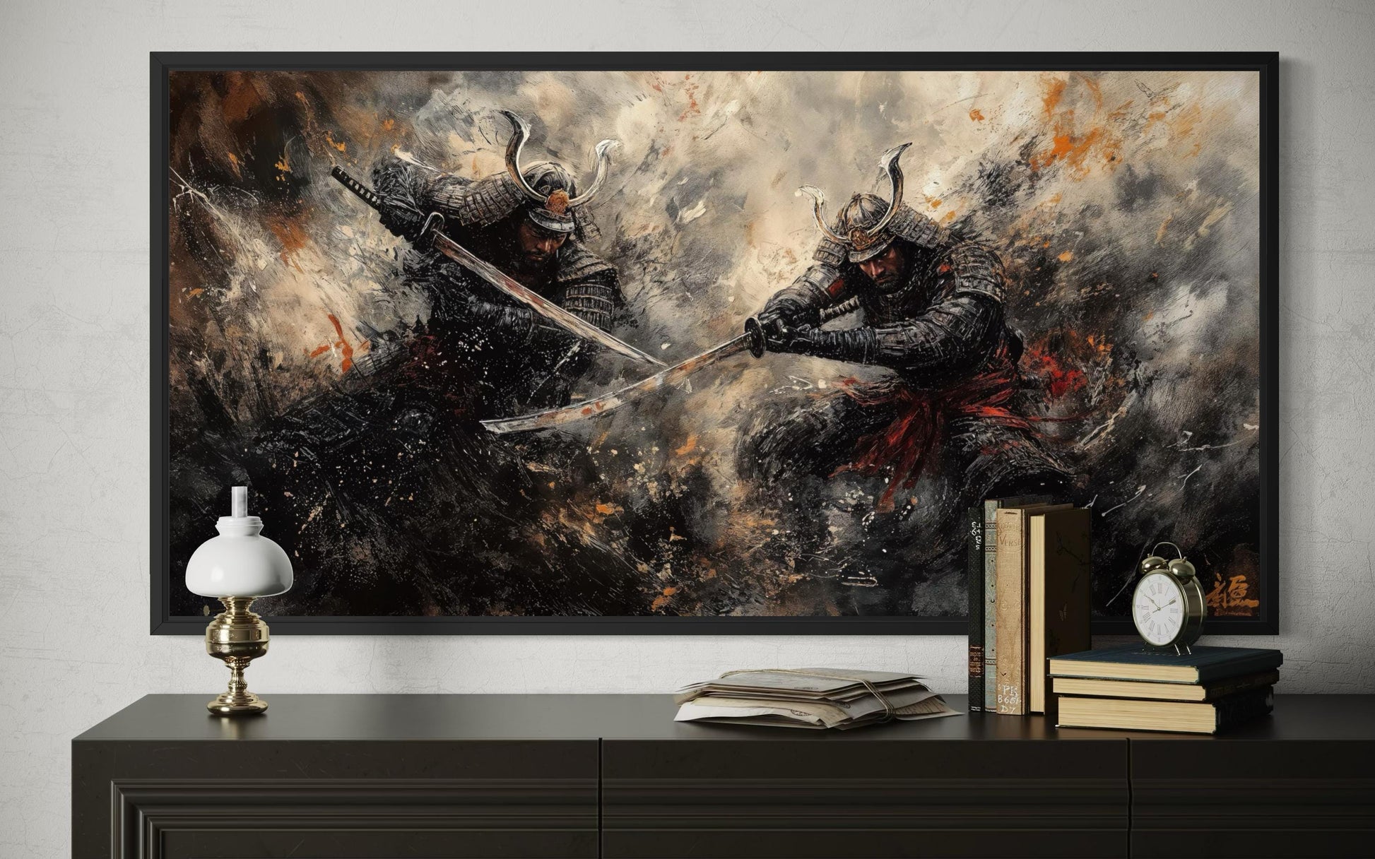 Samurai Duel Wall Art - Japanese Warrior Canvas with Dark Dramatic Battle Scene