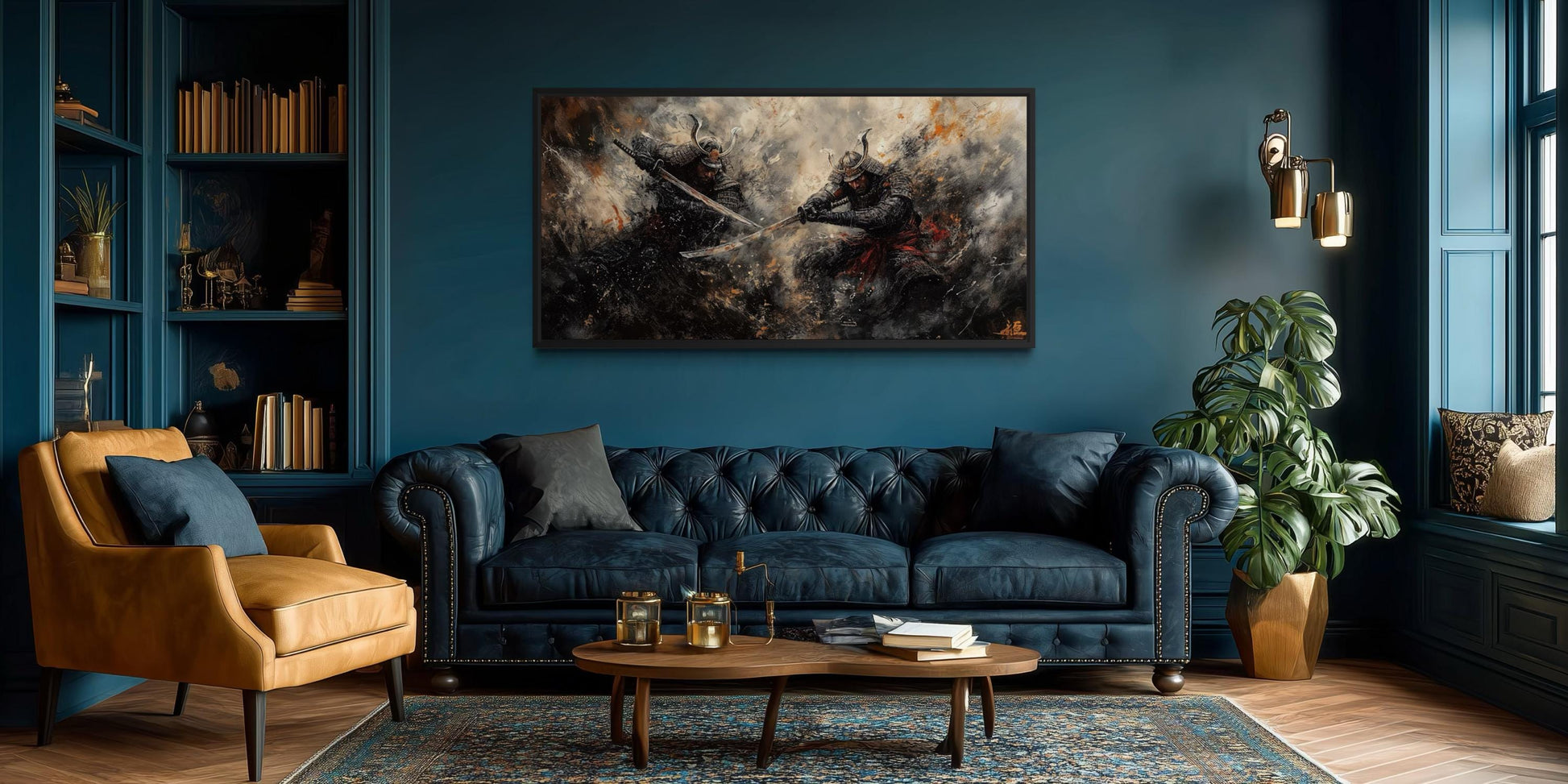 Samurai Duel Wall Art - Japanese Warrior Canvas with Dark Dramatic Battle Scene
