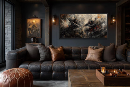 Samurai Duel Wall Art - Japanese Warrior Canvas with Dark Dramatic Battle Scene