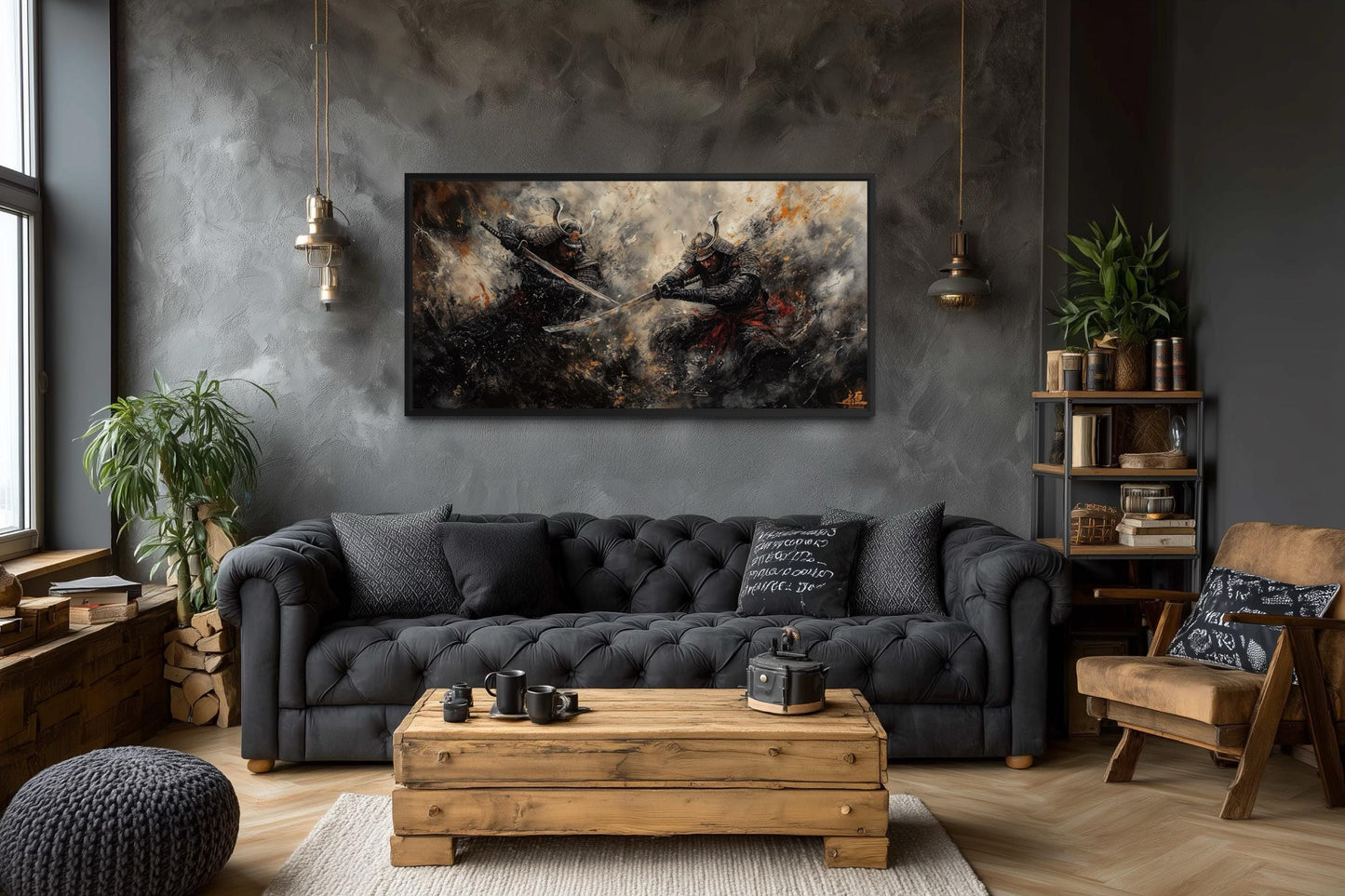 Samurai Duel Wall Art - Japanese Warrior Canvas with Dark Dramatic Battle Scene