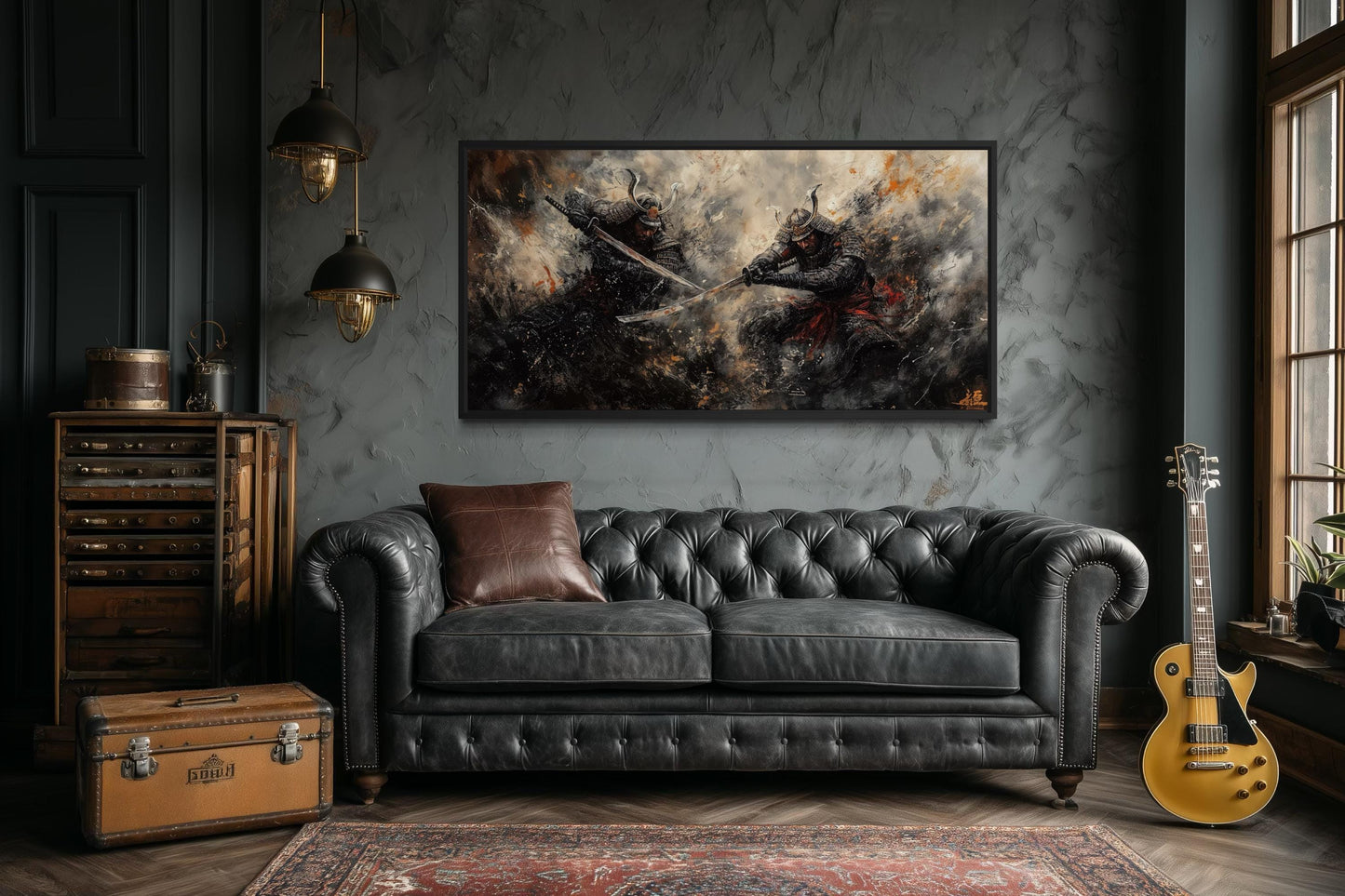 Samurai Duel Wall Art - Japanese Warrior Canvas with Dark Dramatic Battle Scene