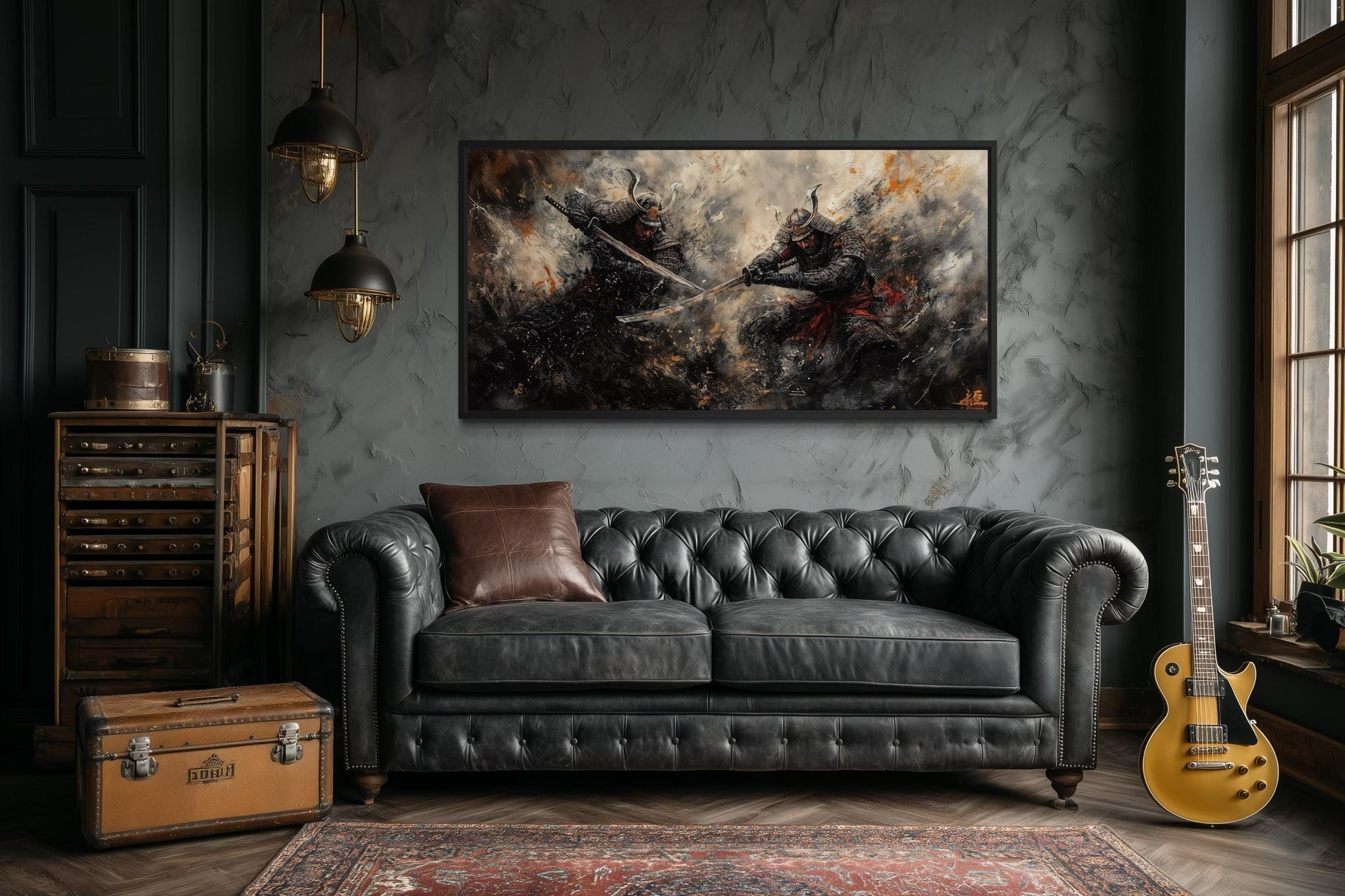 Samurai Duel Wall Art - Japanese Warrior Canvas with Dark Dramatic Battle Scene