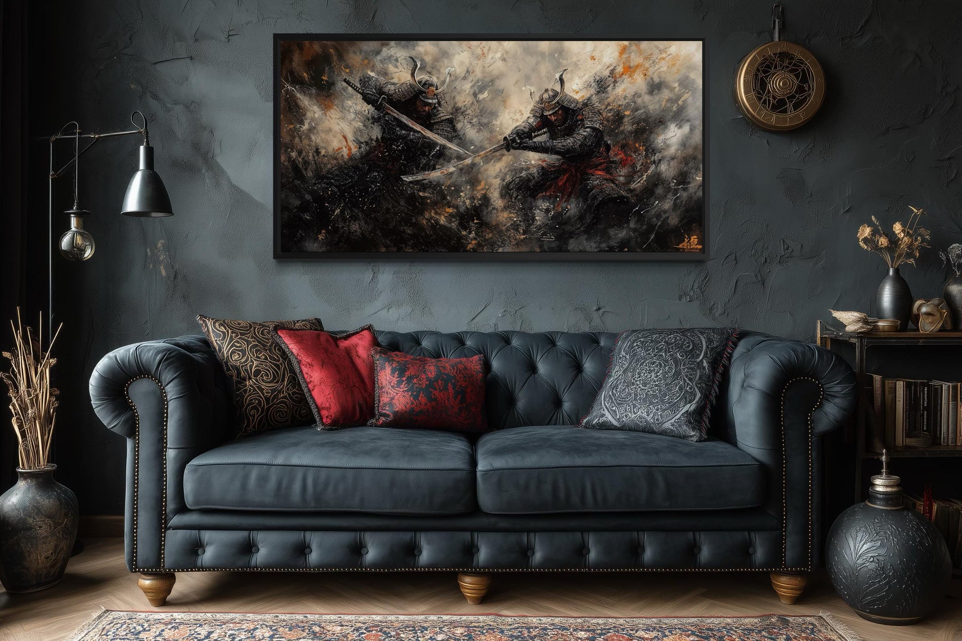 Samurai Duel Wall Art - Japanese Warrior Canvas with Dark Dramatic Battle Scene