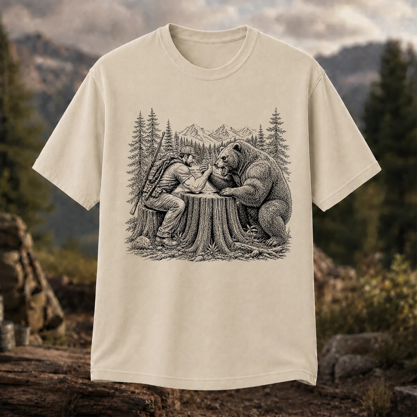 Hunter Arm Wrestling a Bear T-Shirt, Funny Wilderness Tee