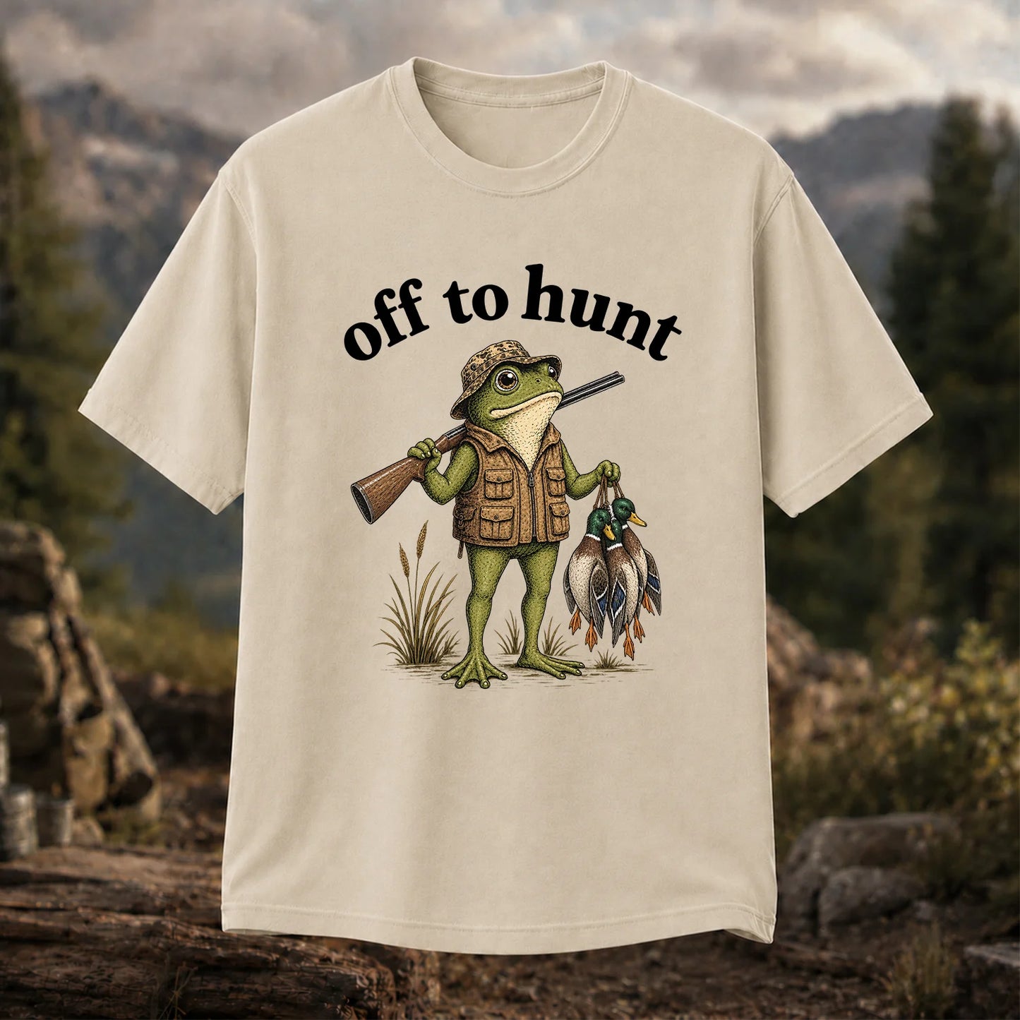 Off to Hunt T-Shirt, Funny Frog Duck Hunting Tee