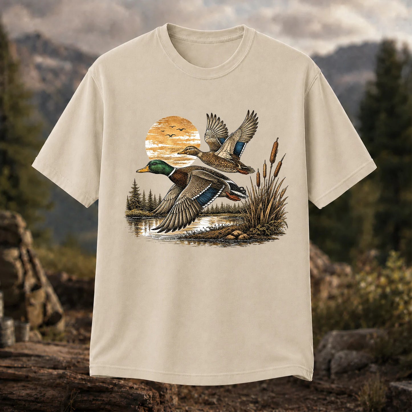 Mallard Ducks Flying at Sunset T-Shirt, Retro Waterfowl Hunting Tee