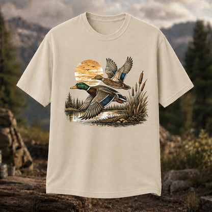 Mallard Ducks Flying at Sunset T-Shirt, Retro Waterfowl Hunting Tee