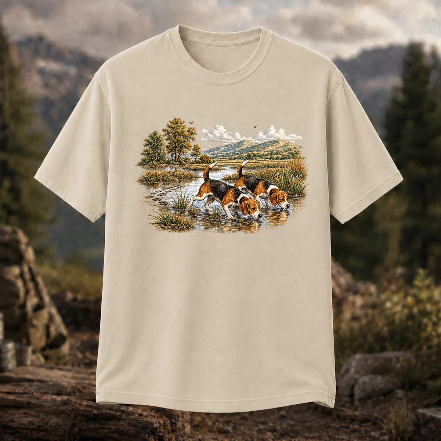 Beagles Tracking Through a Marsh T-Shirt, Vintage Hunting Dog Tee