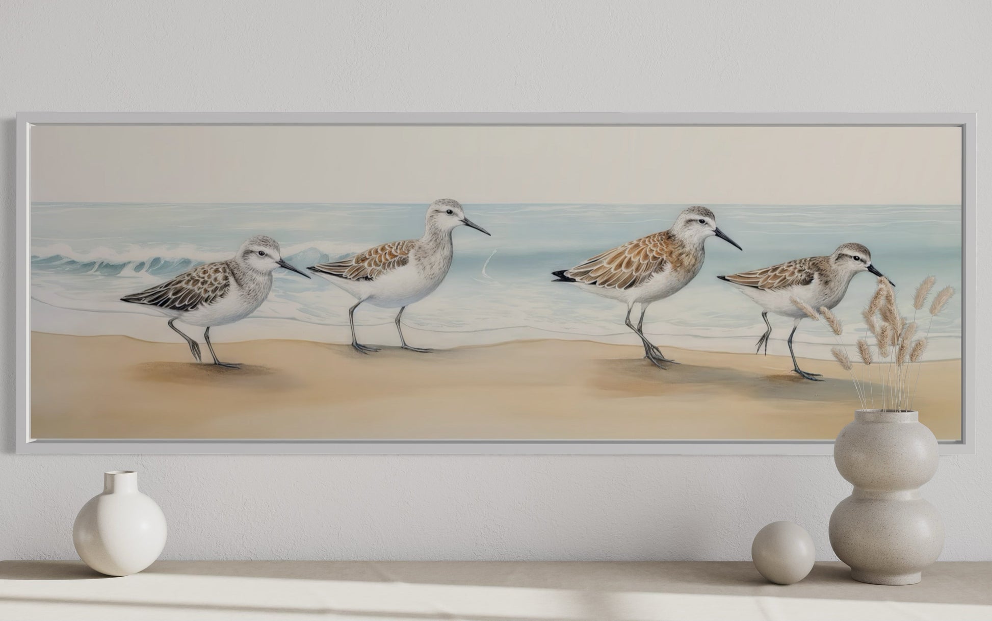 Sandpipers Walking On The Beach Horizontal Framed Canvas Wall Art
