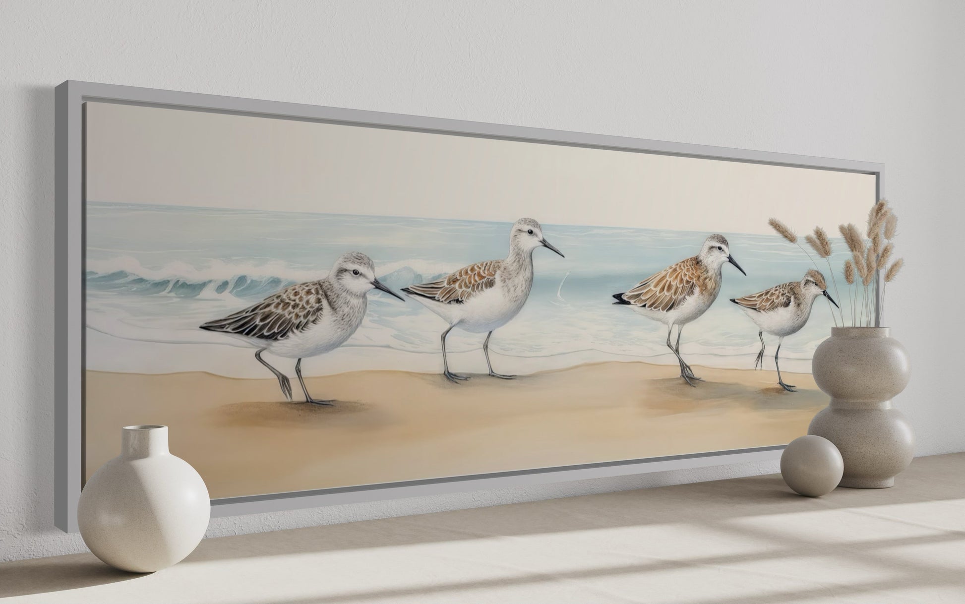 Sandpipers Walking On The Beach Horizontal Framed Canvas Wall Art