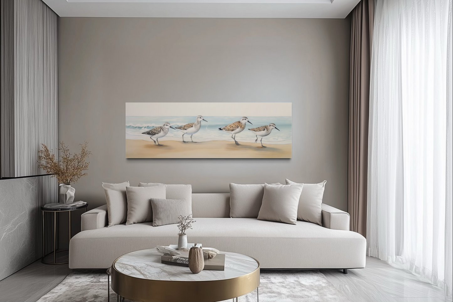 Sandpipers Walking On The Beach Horizontal Framed Canvas Wall Art
