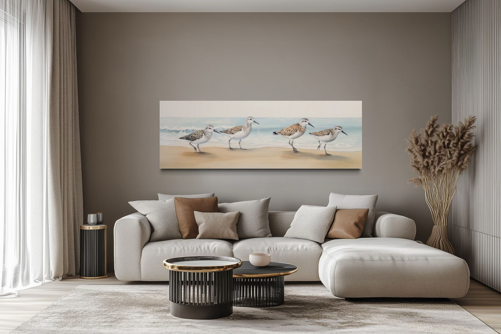 Sandpipers Walking On The Beach Horizontal Framed Canvas Wall Art
