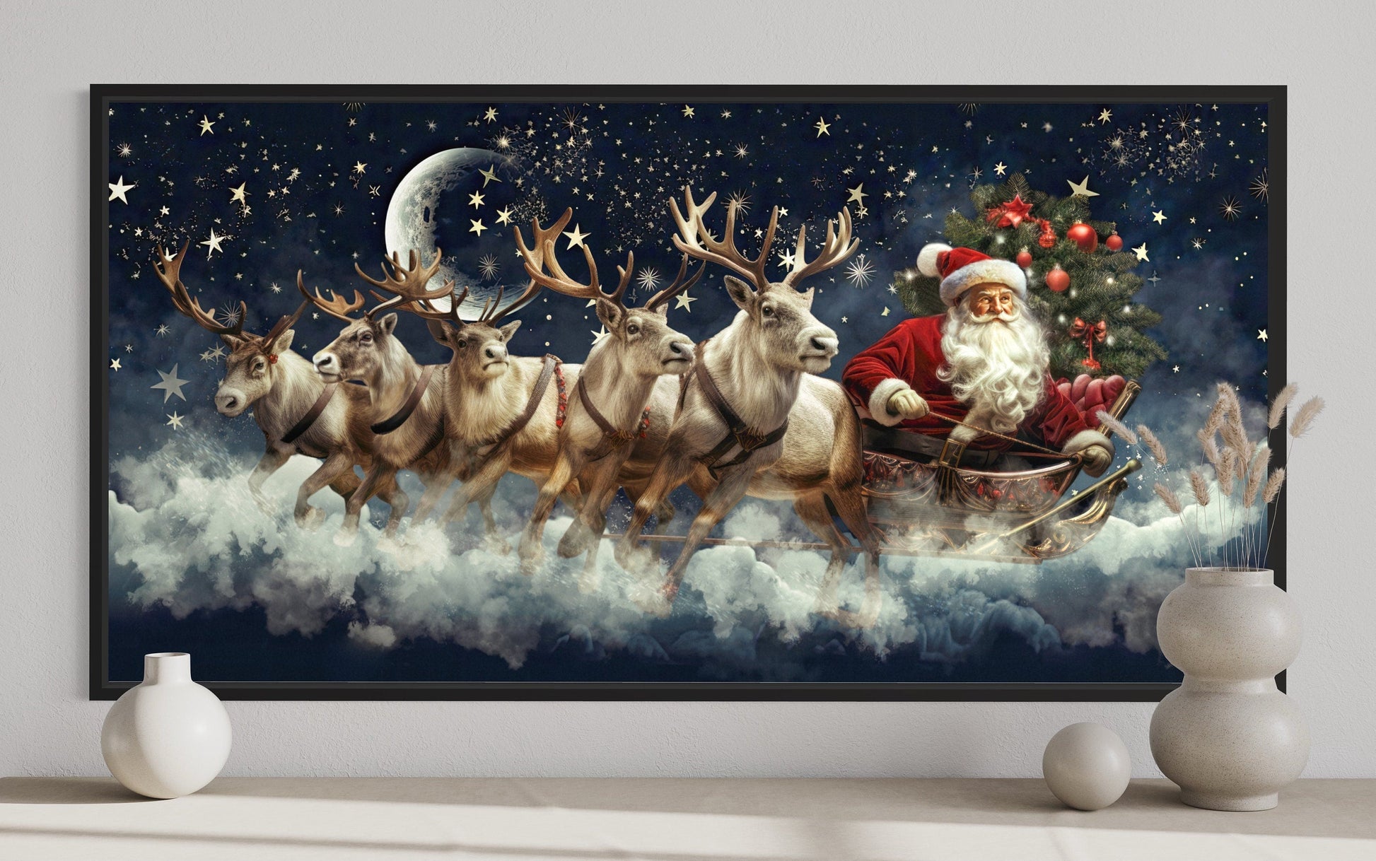 Santa Claus In Sleigh Pulled By Reindeer Canvas Wall Art – Festive Christmas Wall Decor