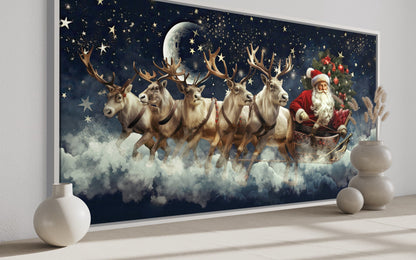 Santa Claus In Sleigh Pulled By Reindeer Canvas Wall Art – Festive Christmas Wall Decor