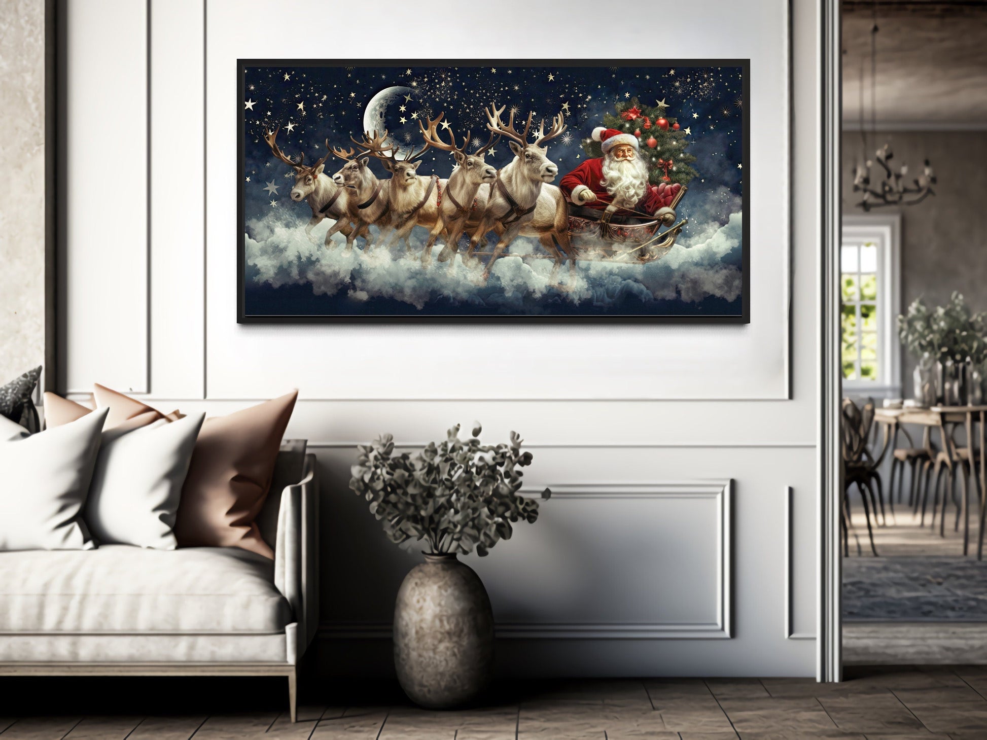 Santa Claus In Sleigh Pulled By Reindeer Canvas Wall Art – Festive Christmas Wall Decor