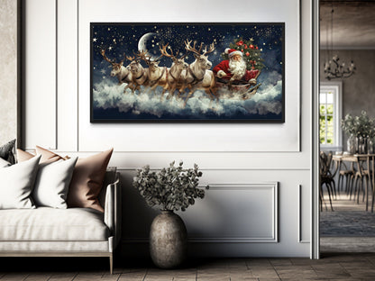 Santa Claus In Sleigh Pulled By Reindeer Canvas Wall Art – Festive Christmas Wall Decor
