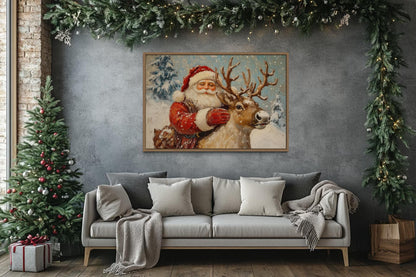 Santa Claus With Reindeer Christmas Canvas Wall Art