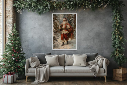 Santa In The Forest With Bag Of Gifts Framed Canvas Wall Art
