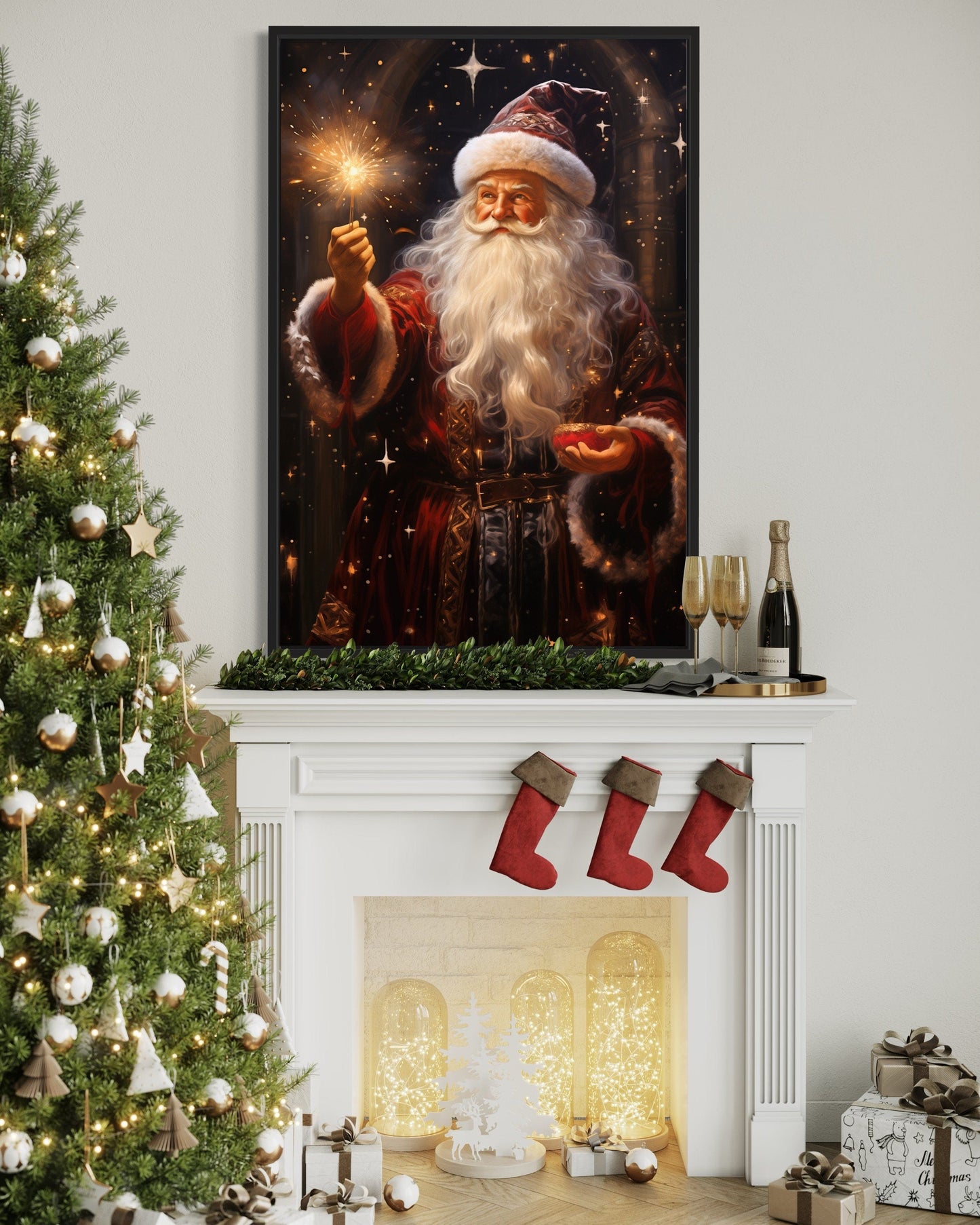 Santa Lighting Sparklers Christmas Framed Canvas Wall Art