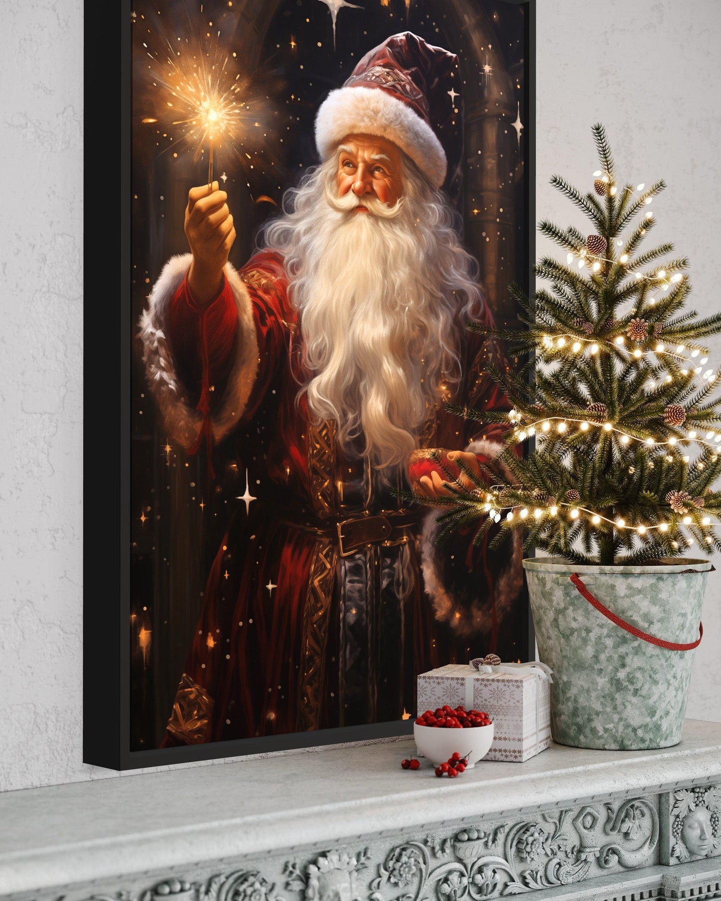 Santa Lighting Sparklers Christmas Framed Canvas Wall Art