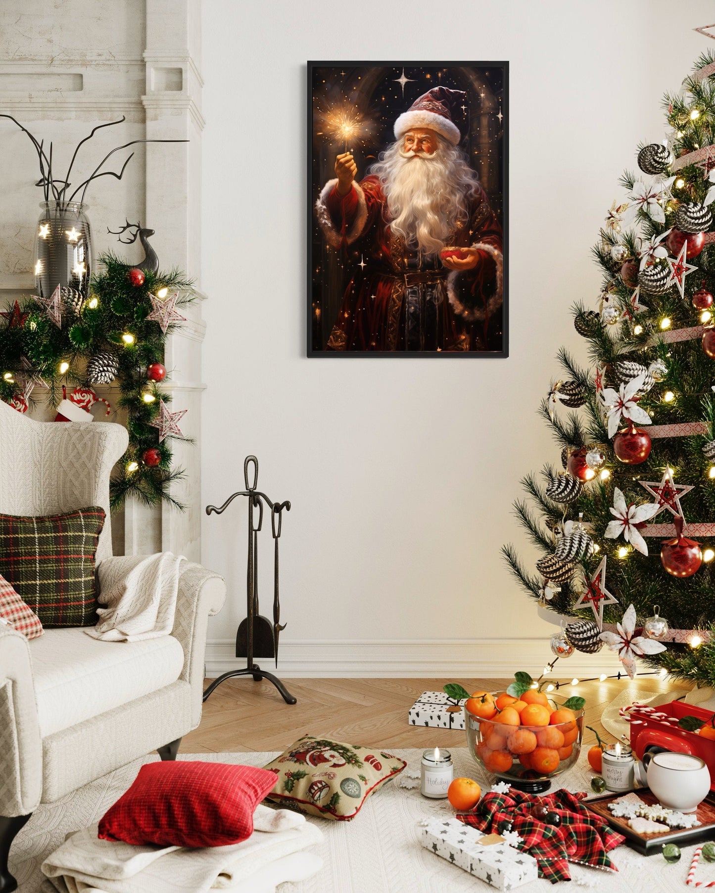 Santa Lighting Sparklers Christmas Framed Canvas Wall Art