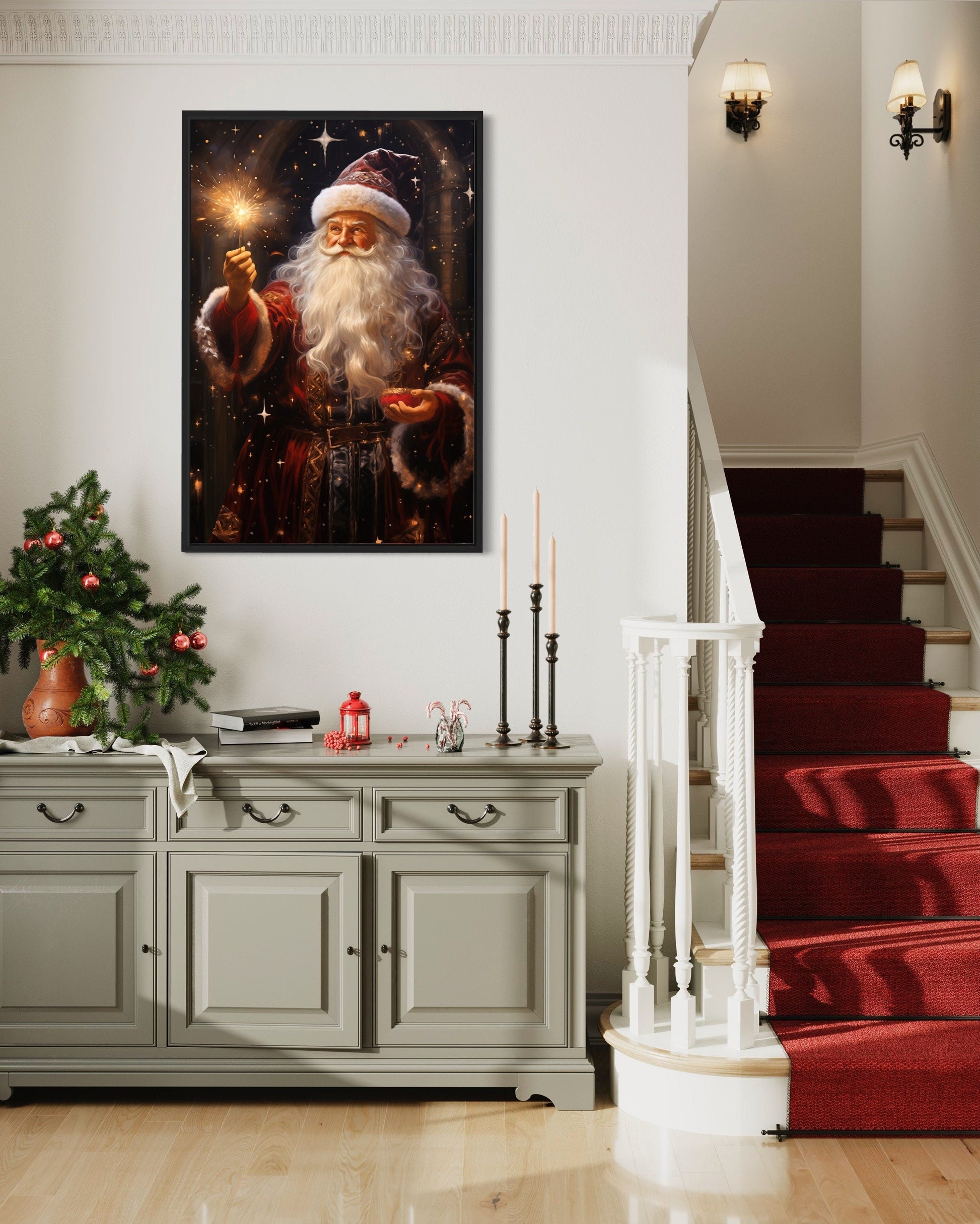 Santa Lighting Sparklers Christmas Framed Canvas Wall Art