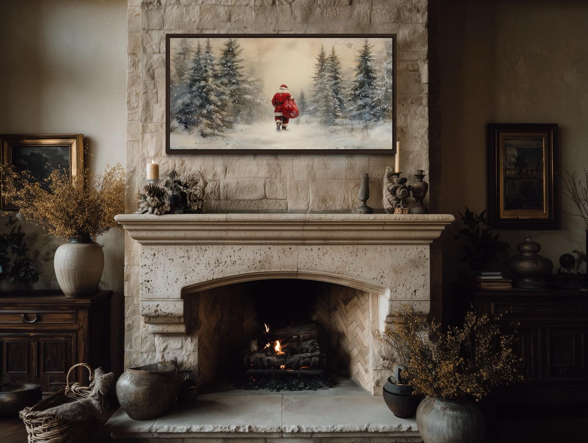 Santa Walking in Snowy Winter Forest Christmas Wall Art
