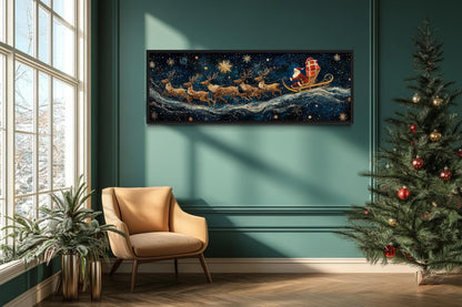 Santa's Sleigh And Reindeer Christmas Canvas Wall Art