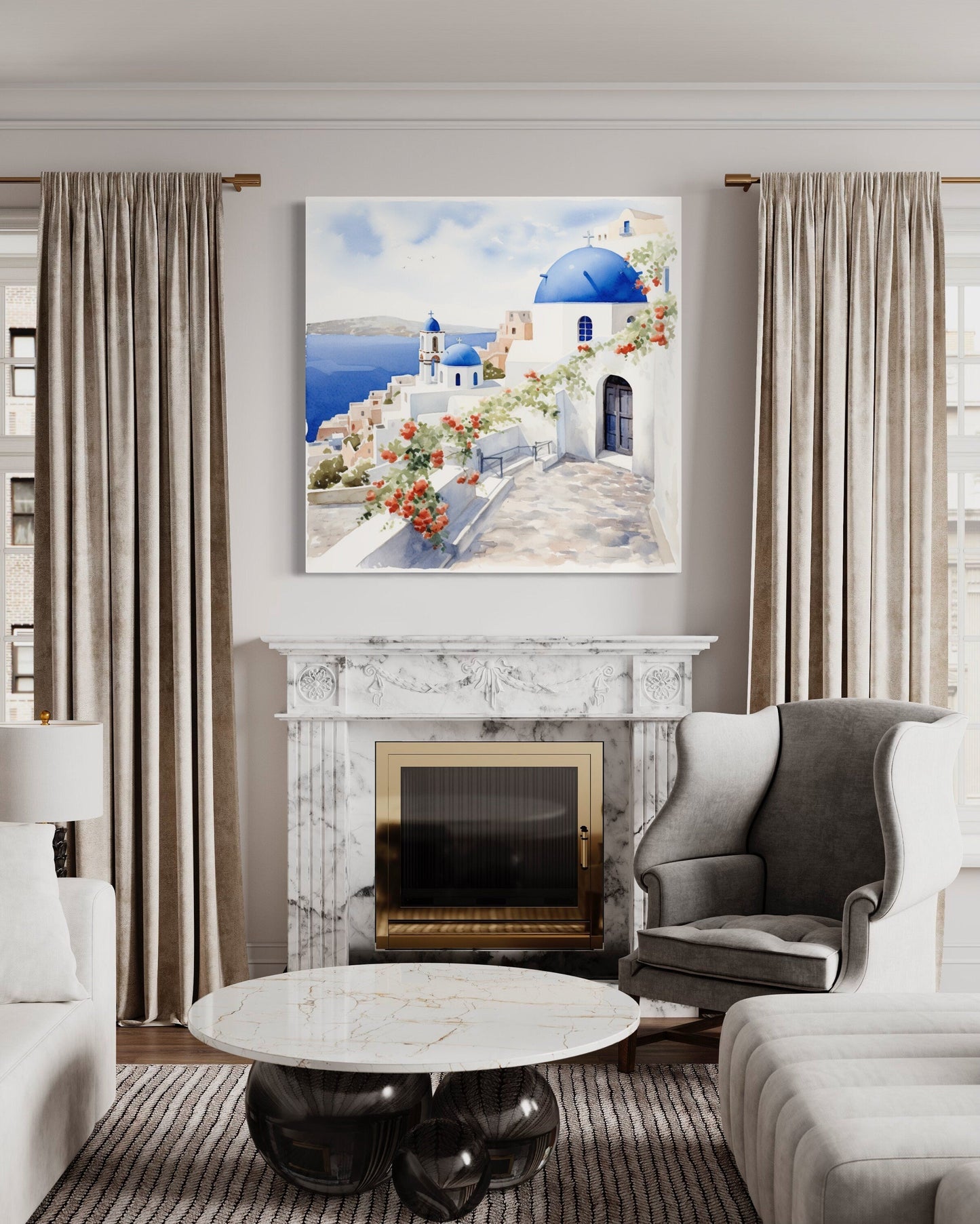 Santorini Greece Watercolor Framed Canvas Wall Art