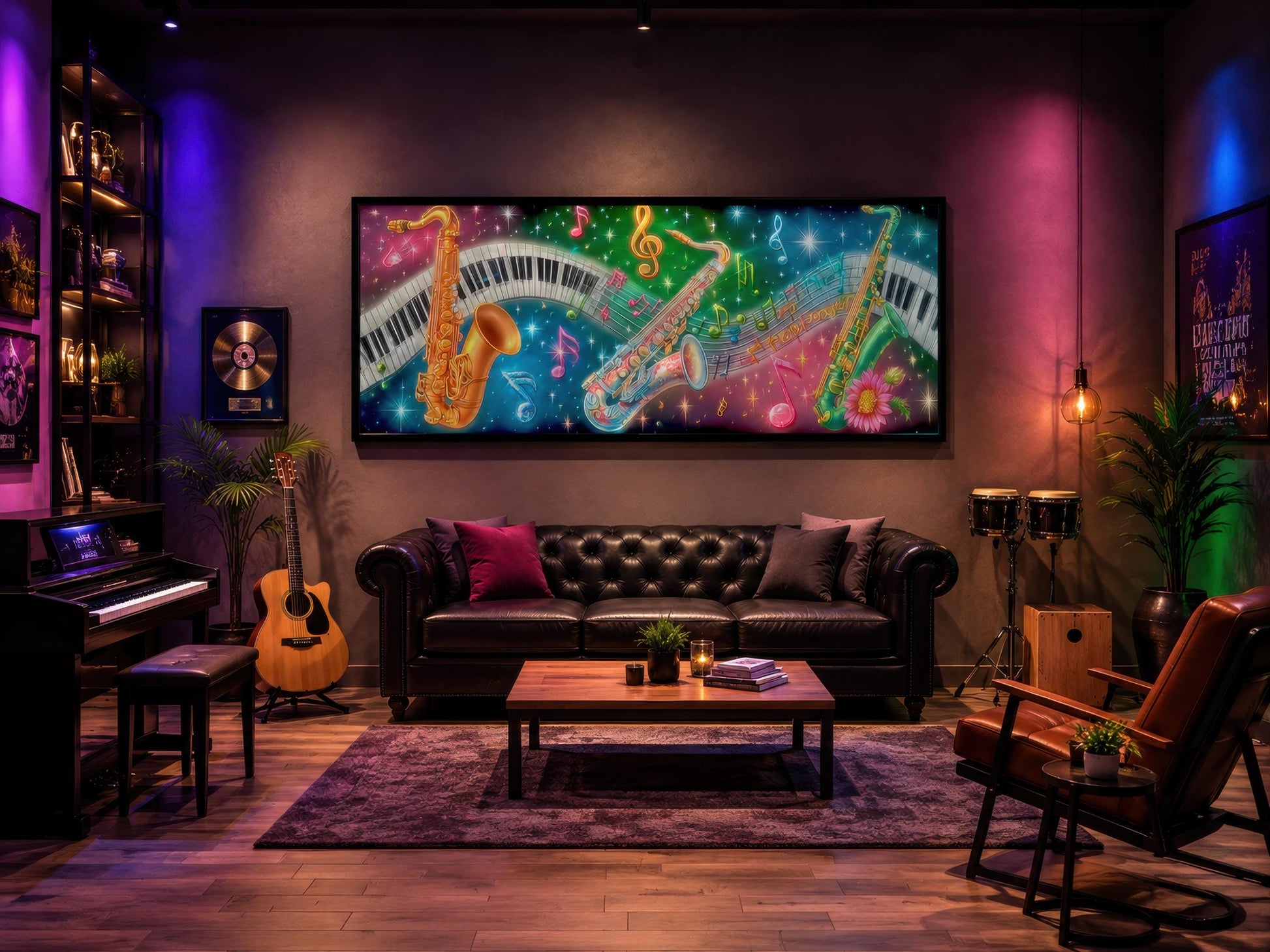 Saxophone Wall Art - Colorful Music Canvas with Neon Jazz Painting & Piano Keys Artwork