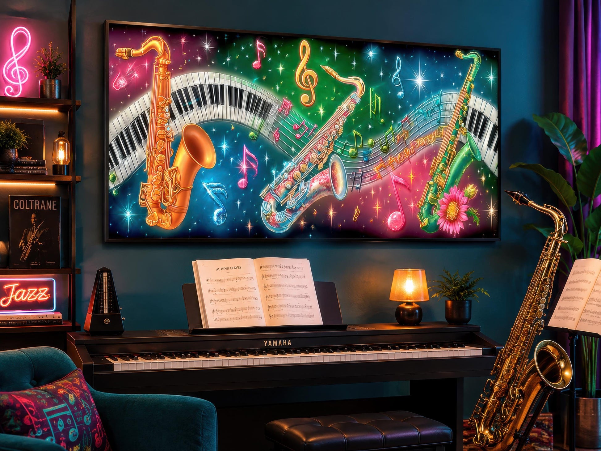 Saxophone Wall Art - Colorful Music Canvas with Neon Jazz Painting & Piano Keys Artwork