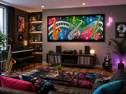 Saxophone Wall Art - Colorful Music Canvas with Neon Jazz Painting & Piano Keys Artwork
