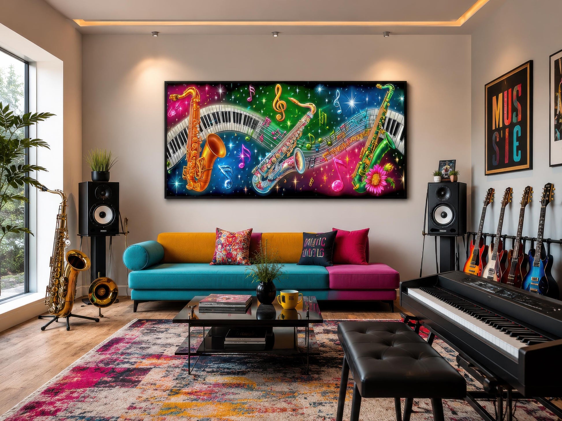 Saxophone Wall Art - Colorful Music Canvas with Neon Jazz Painting & Piano Keys Artwork